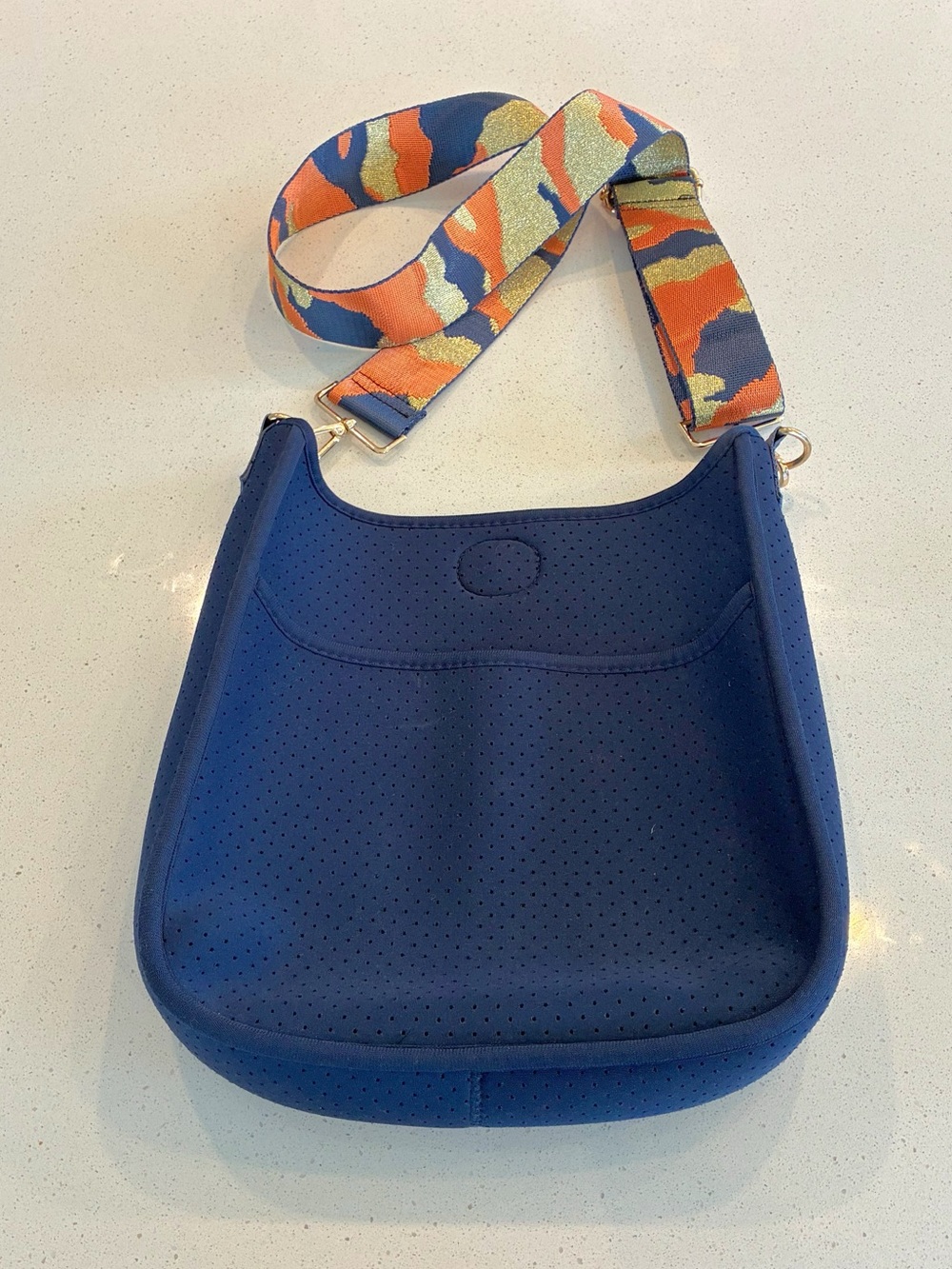 Navy Perforated Crossbody Bag with Colorful Strap